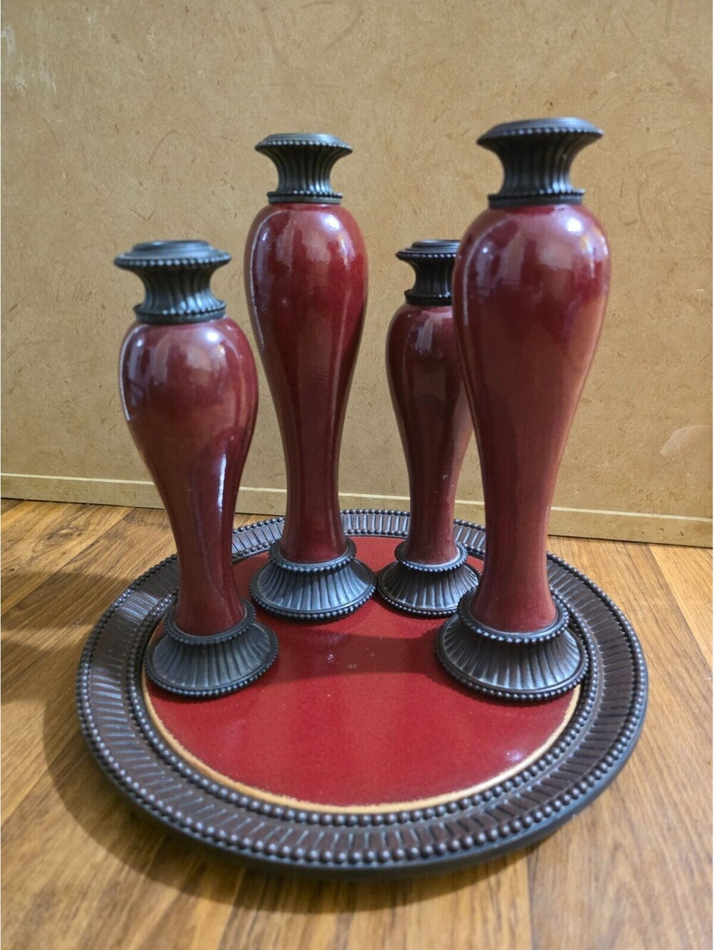 PartyLite Burgundy Taper Candle Holder Set w/ Round Tray Centerpiece 5-Pc